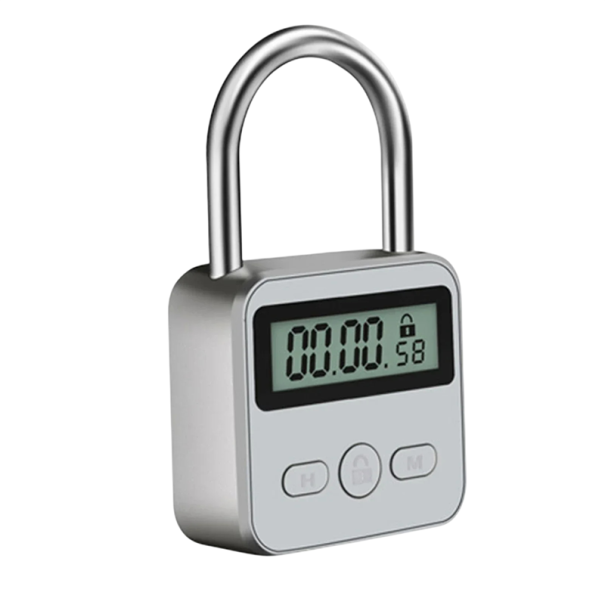 Digitální visací časový zámek s LCD displejem 45 mm USB dobíjecí černý pro uzamykání skříněk zavazadel a osobních věcí stříbrná