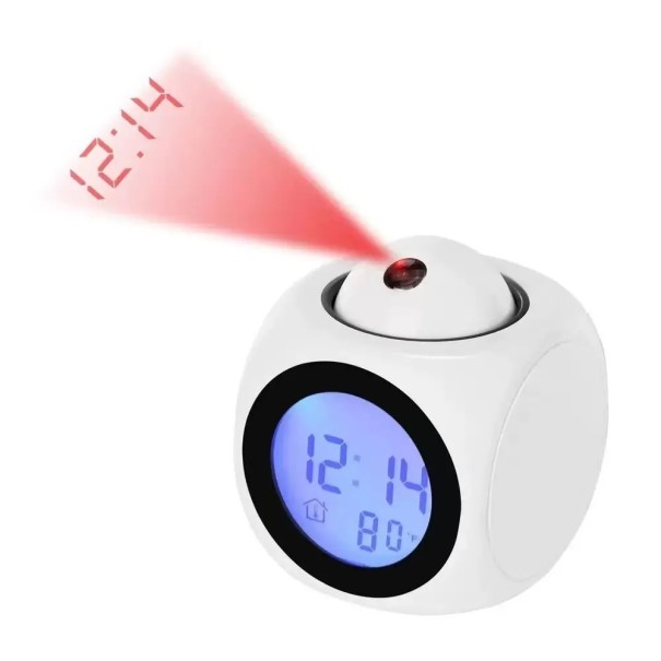 Digitálny projektorový budík s teplomerom 10 x 8,2 x 8,2 cm Hlasové oznámenie času Projekcia na strop LCD displej Funkcia odloženia Zvuk prírody biela