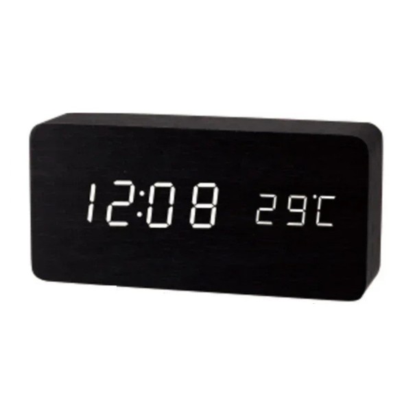 Digitalt LED-vækkeur i træ med 3 alarmer, USB-strøm og batteri, termometer, stemmestyring, 3 lysstyrkeniveauer, 12/24 timer, 15,5 x 7 x 4 cm sort
