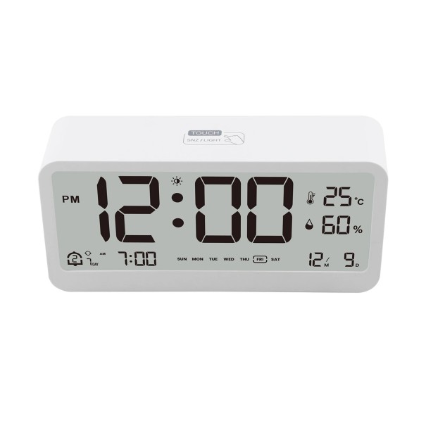 Digitalt LED-vækkeur med temperatur og luftfugtighed 13,6 x 6,3 x 3,4 cm To alarmer Lydløs drift Gradvis vækning Nattilstand Tid Dato Touch-betjening 1