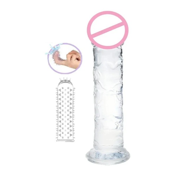 Dildo 21 x 4,5 cm met realistische adering en zuignap + vingerhuls met uitsteeksels voor vaginaal en anaal genot, discrete verpakking doorzichtig