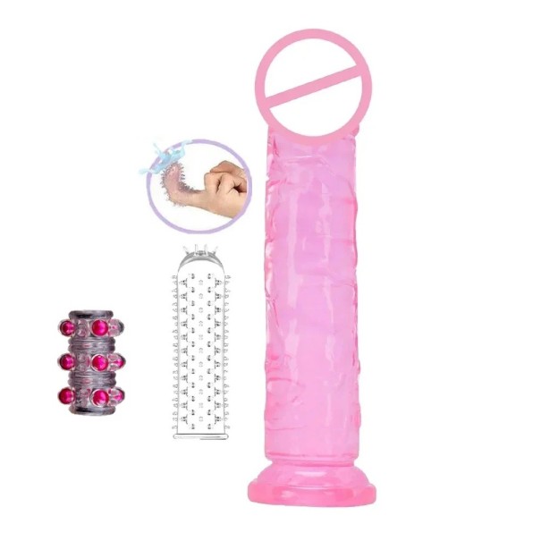 Dildo 23,5 x 4,8 cm avec veinage réaliste et ventouse + 2 manchons pour doigts avec picots pour plaisir vaginal et anal emballage discret rose