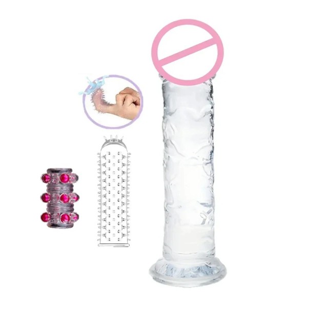 Dildo 23,5 x 4,8 cm avec veinage réaliste et ventouse + 2 manchons pour doigts avec picots pour plaisir vaginal et anal emballage discret transparente