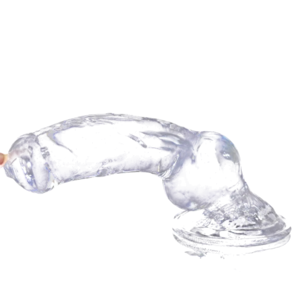 Dildo trasparente in gomma taglia XXL con nodo realistico e forte ventosa, anche per fissaggio su imbracatura strap-on. Confezione discreta 1