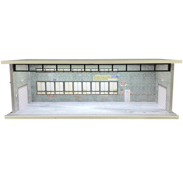 Diorama de exibição garagem para modelos de automóveis 30 × 13,5 × 10 cm Escala 1:64 Edifício de serviço cinza com parede de tijolo e portões 1