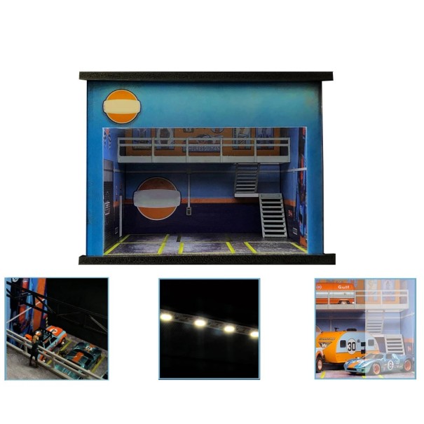 Diorama wyścigowej serwisowej garażu niebieskiego PVC model serwisowego depa dla modeli samochodów wystawowa i fotograficzna scena dla kolekcjonerów 1