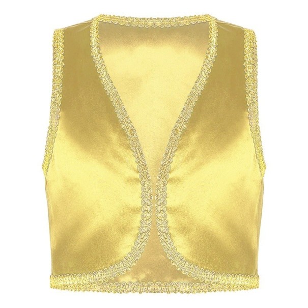 Disfraz de príncipe árabe para niños Chaleco de mezclilla dorado para niños Chaleco abierto con ribete dorado Cosplay fiesta y disfraz de Halloween de poliéster amarillo 12
