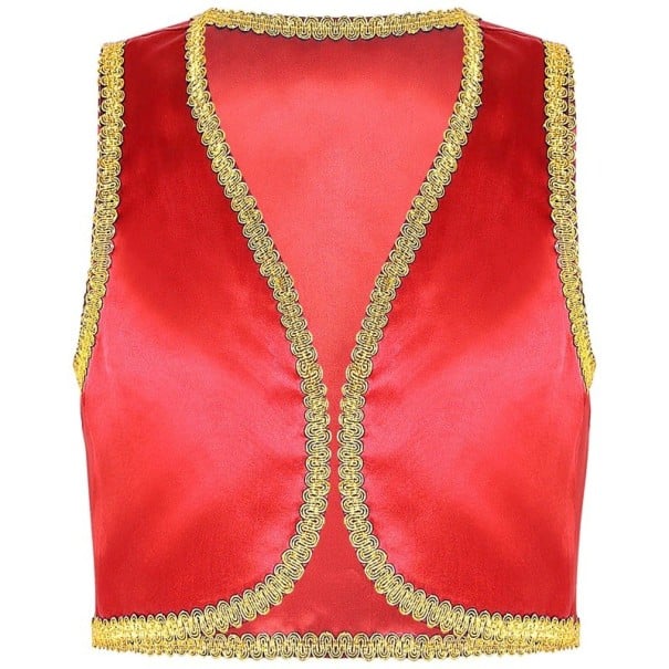 Disfraz de príncipe árabe para niños Chaleco de mezclilla dorado para niños Chaleco abierto con ribete dorado Cosplay fiesta y disfraz rojo 4
