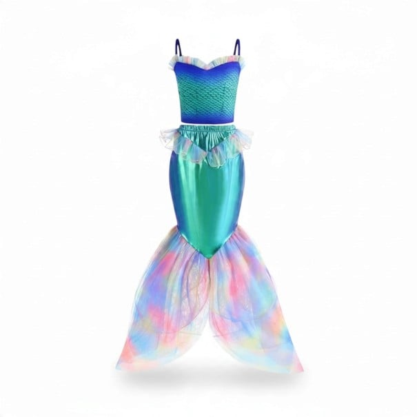 Disfraz de sirena para niña Conjunto de dos piezas Top con escamas y falda con aleta Poliéster y tul Azul y verde Para carnaval y fiesta 3