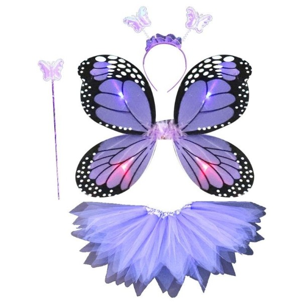 Disfraz infantil de alas de mariposa luminosas con falda morado
