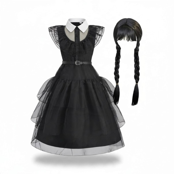 Disfraz infantil vestido negro con cuello y falda con capas Peluca con flequillo y trenzas Cinturón Poliéster Negro Para Halloween y carnaval 4