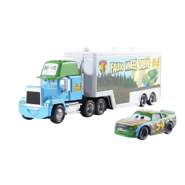 Disney Pixar Cars 2 3, Mack Hauler und Tommy Highbanks, Truck- und Rennwagen-Set, Metallfiguren, Spielzeug für Kinder, Filmfiguren 1