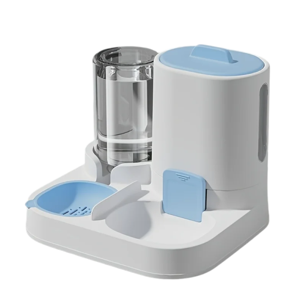 Dispensador automático de agua y comedero para gatos 25 x 23 x 21 cm Sistema gravitacional con filtro 800 ml de agua y 1600 ml de comida Plato 2 en 1 azul