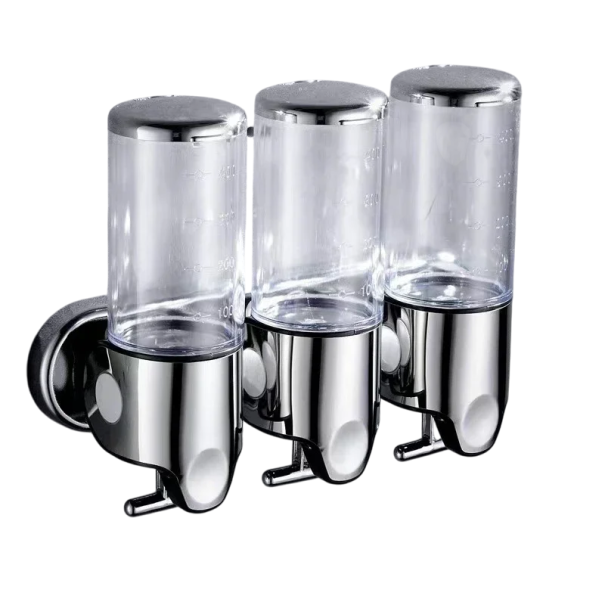 Dispensador de jabón y champú de pared de 3 piezas, 500 ml, bomba de líquido para baño, diseño impermeable, tornillos y llaves incluidos. color transparente