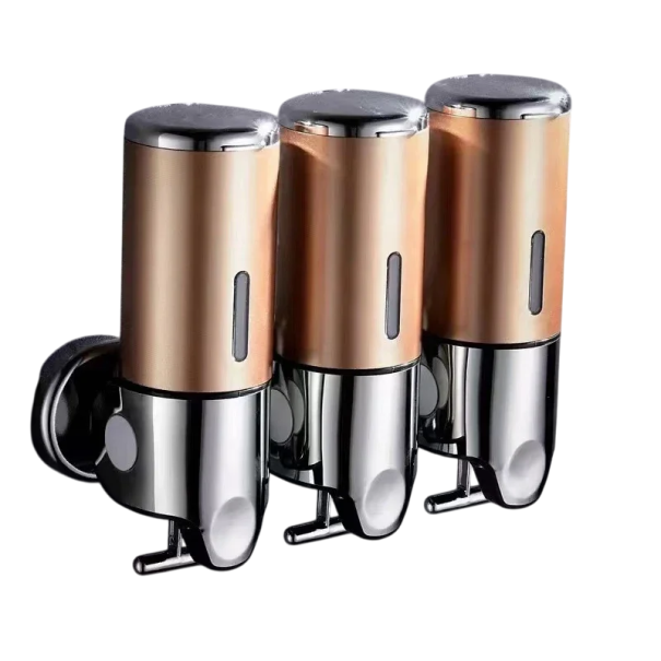 Dispensador de jabón y champú de pared de 3 piezas, 500 ml, bomba de líquido para baño, diseño impermeable, tornillos y llaves incluidos. dorado