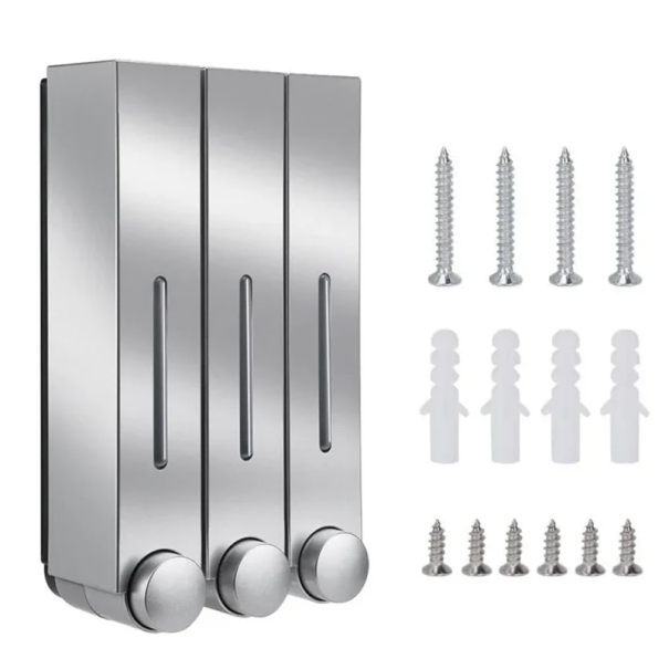 Dispensador de jabón y gel de ducha de pared de 3 piezas 420 ml Dispensador de detergente 15x8x28cm Dispensador de baño con tornillos y tacos plateado