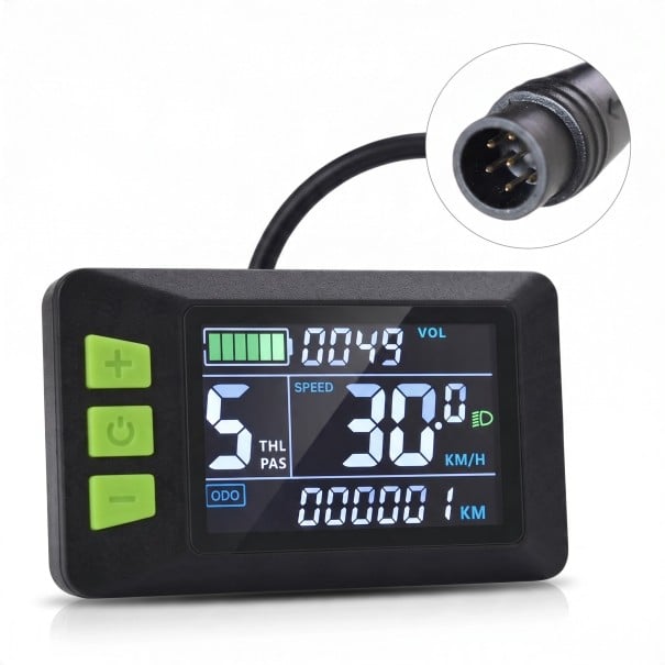 Display LCD rezistent la apă pentru biciclete electrice și scutere conector 6pin Conexiune USB UART Viteză și stare baterie Negru cu butoane verzi 1