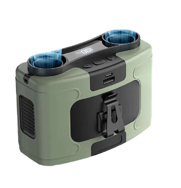 Dispositif multifonction avec attache à la ceinture Powerbank USB-C avec lampe intégrée et deux ventilateurs 20000 mAh Ventilateur portable étanche vert
