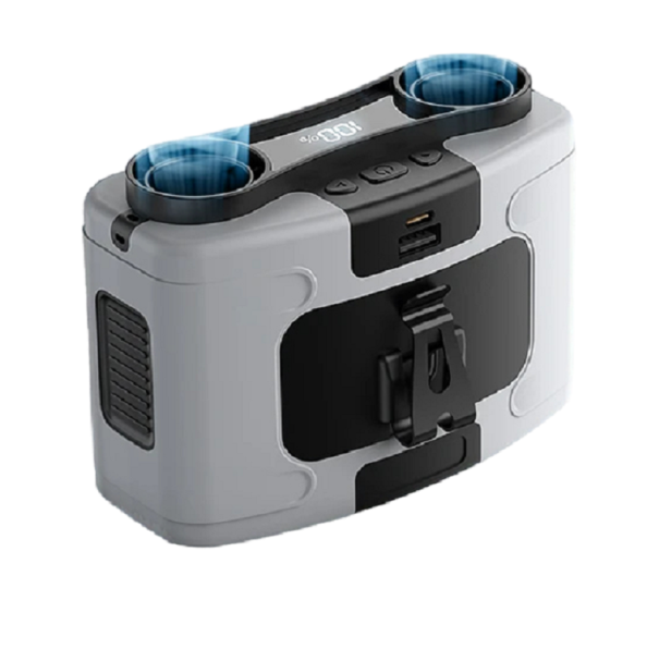 Dispositivo multifuncional con clip para cinturón USB-C Banco de energía con linterna incorporada y dos ventiladores Ventilador portátil impermeable de 20000 mAh gris