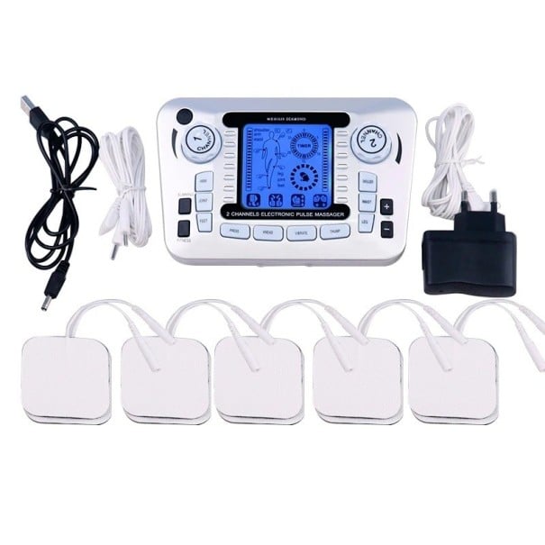 Dispozitiv de masaj electric cu impulsuri TENS EMS 2 canale 12 moduri 20 niveluri 15,3 cm argintiu acupunctură ameliorare dureri musculare