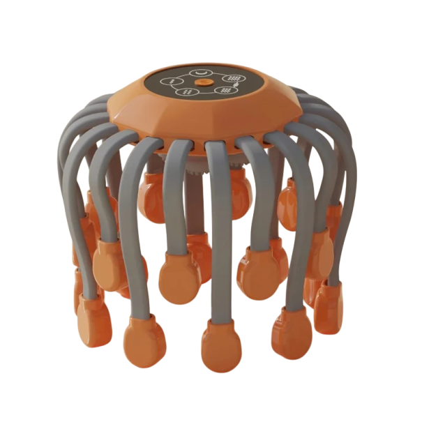 Dispozitiv electric de masaj pentru cap cu 20 de capete de masaj, 3 intensități, terapie prin vibrație, circumferință ajustabilă pentru capete de până la 60 cm portocale