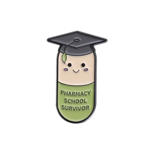Distintivo esmaltado em forma de cápsula com figura de graduado 3 × 1,8 cm broche metálico verde-acinzentado com a inscrição Pharmacy School Survivor 1