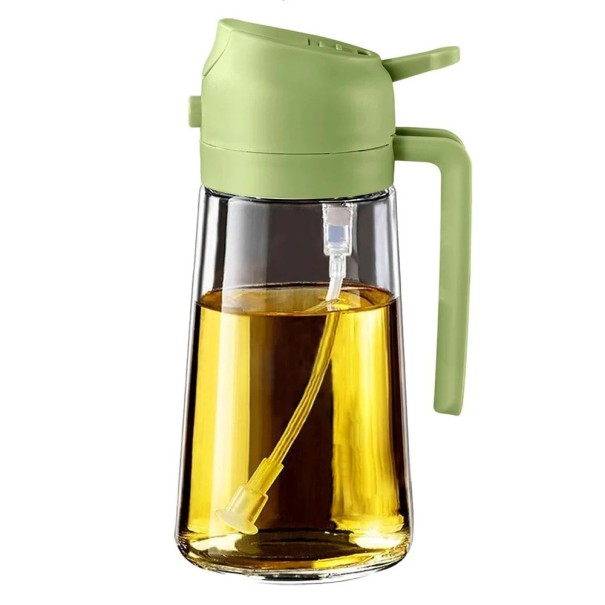 Distributeur d’huile en verre 470 ml 2 en 1 avec bouchon automatique, vaporisateur de cuisine, bouteille de cuisine, conception anti-fuite, verre 18 × 8 cm vert