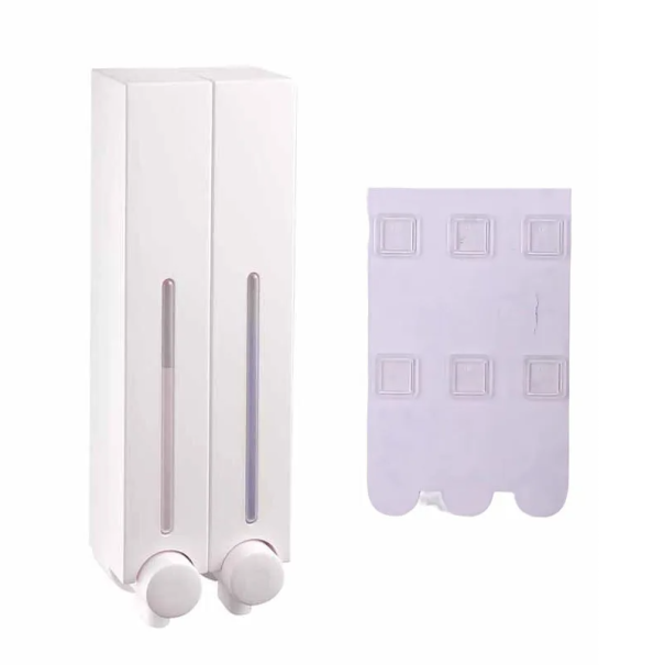 Distributeur mural de savon et de gel douche 2 pièces 420 ml Distributeur de détergent de salle de bain autocollant 10x8x28cm Pompe sans perçage blanc