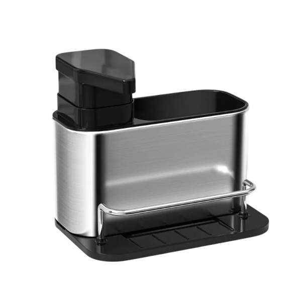 Distributore di sapone 3 in 1 in acciaio inox con organizer per spugna e spazzole Supporto da cucina per lavello con pompa 19×18×13 cm 1