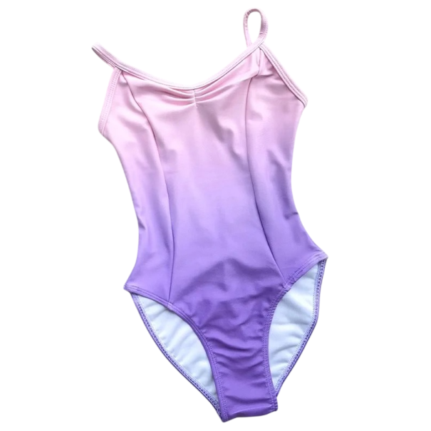 Dívčí baletní dres na úzká ramínka s ombré barevným přechodem, taneční trikot z nylonu, na balet, gymnastiku a taneční výuku tmavě fialová 10