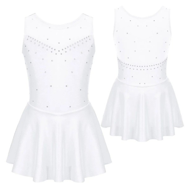 Dívčí baletní šaty bez rukávů s kamínky a sukní, síťovaný dekolt, nylon polyester elastan, taneční trikot pro balet a gymnastiku bílá 10