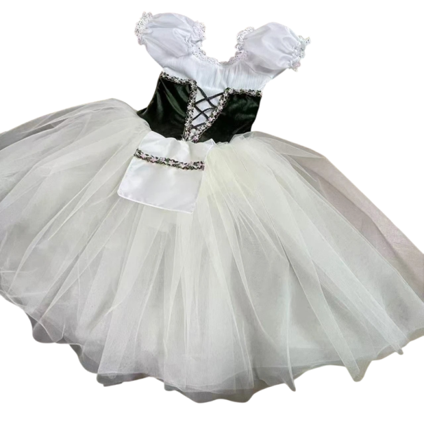 Dívčí baletní šaty s balonovými rukávky, květinovým zdobením a tylovou sukní, materiál nylon a polyester, na baletní vystoupení armádní zelená 10