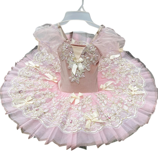 Dívčí baletní tutu šaty s krajkovou výšivkou, kamínky a mašlemi, polyester, růžové, na balet a vystoupení tanečních kroužků 3