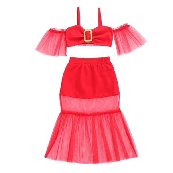 Dívčí crop top a sukně L1309 červená 5