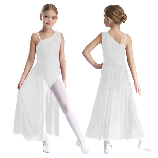 Dívčí dlouhý taneční dres na jedno rameno s kamínky a síťovanou maxi sukní, materiál nylon, polyester a elastan, na vystoupení bílá 12