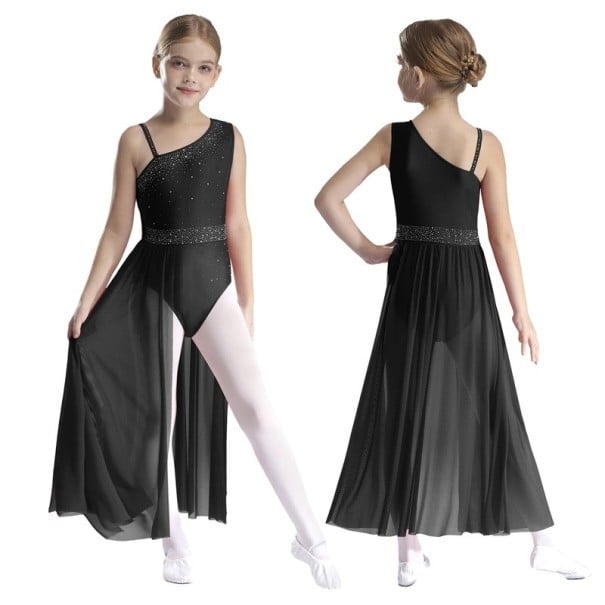Dívčí dlouhý taneční dres na jedno rameno s kamínky a síťovanou maxi sukní, materiál nylon, polyester a elastan, na vystoupení černá 8