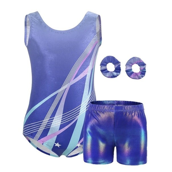 Dívčí gymnastický set body bez rukávů, lesklé kraťasy a 2 scrunchies gumičky, polyester a elastan, na gymnastiku a tanec modrá 5