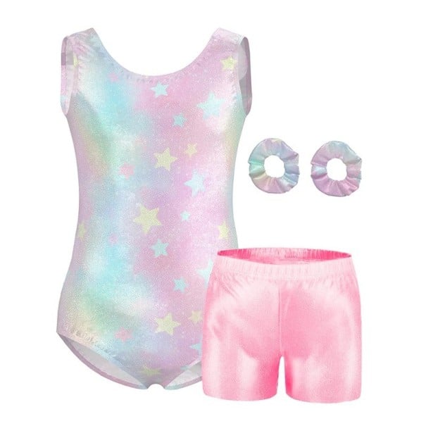 Dívčí gymnastický set pastelové body s potiskem hvězdiček, růžové lesklé kraťasy a 2 gumičky do vlasů Polyester a elastan 5