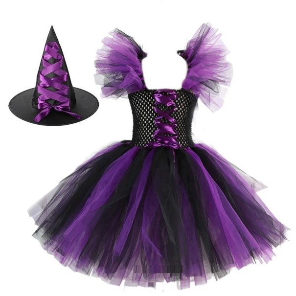 Dívčí kostým čarodějnice s kloboukem Halloweenský kostým Čarodějnický kostým pro dívky Kostým na karneval fialová 10