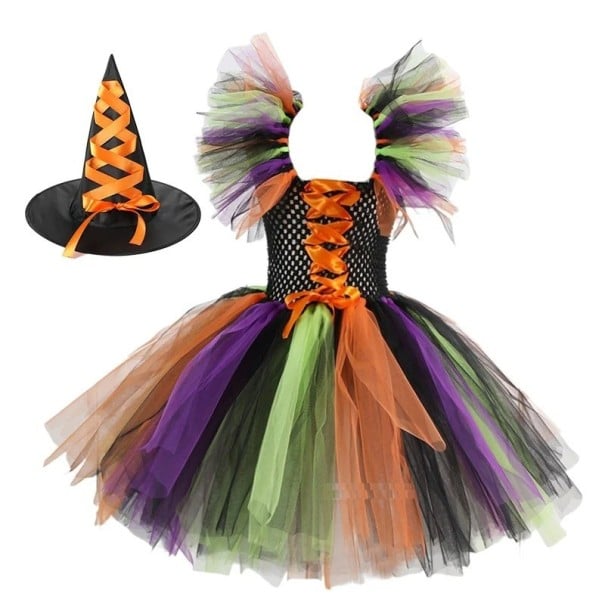 Dívčí kostým čarodějnice s kloboukem Halloweenský kostým Čarodějnický kostým pro dívky Kostým na karneval vícebarevná 8