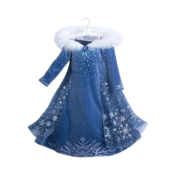 Dívčí kostým ledové princezny Šaty s kapucí a kožíškem Dlouhé rukávy Potisk sněhových vloček Polyester Modrá a bílá Na karneval 4