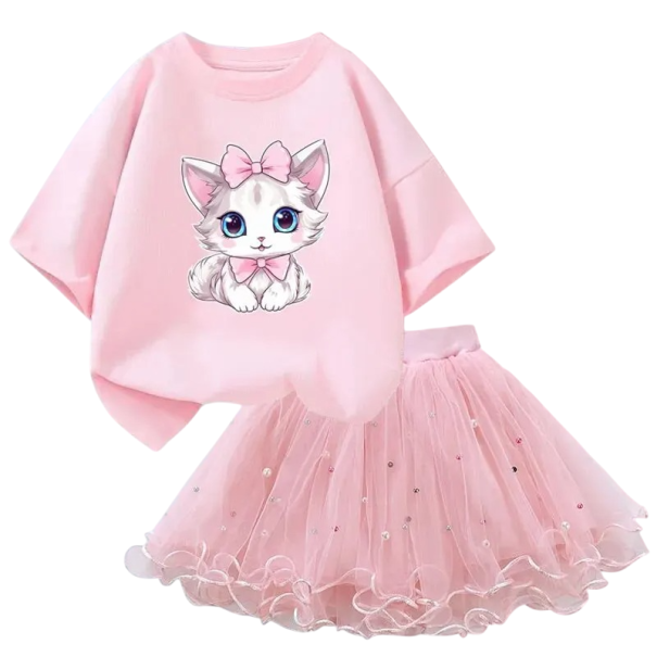 Dívčí letní set Tričko s krátkým rukávem a růžová sukně Výstřih do O Potisk kočky Bavlna polyester pohodlný komplet růžová 6