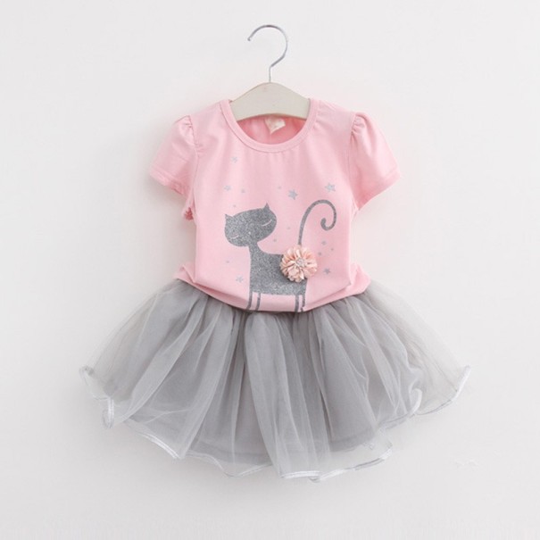 Dívčí set - Tričko s kočkou a hvězdami a sukně J1274 růžová 4