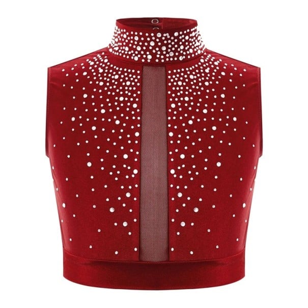 Dívčí taneční crop top se stojáčkem zdobený kamínky, polyester, pro balet, gymnastiku, moderní tanec a pódiová vystoupení červená 6