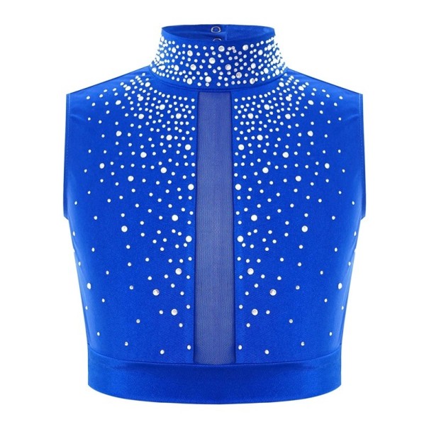 Dívčí taneční crop top se stojáčkem zdobený kamínky, polyester, pro balet, gymnastiku, moderní tanec a pódiová vystoupení modrá 8