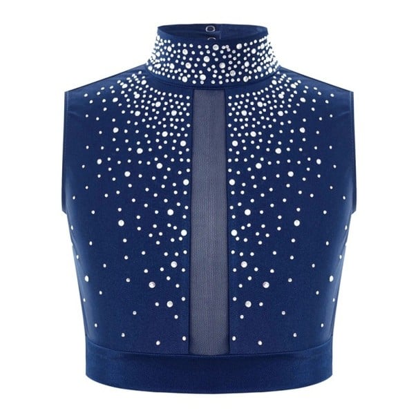 Dívčí taneční crop top se stojáčkem zdobený kamínky, polyester, pro balet, gymnastiku, moderní tanec a pódiová vystoupení tmavě modrá 14