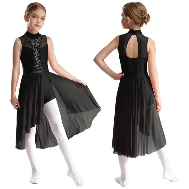 Dívčí taneční dres se stojáčkem, kamínky na živůtku a dlouhou síťovanou sukní, materiál nylon, polyester a elastan, na lyrický tanec černá 6