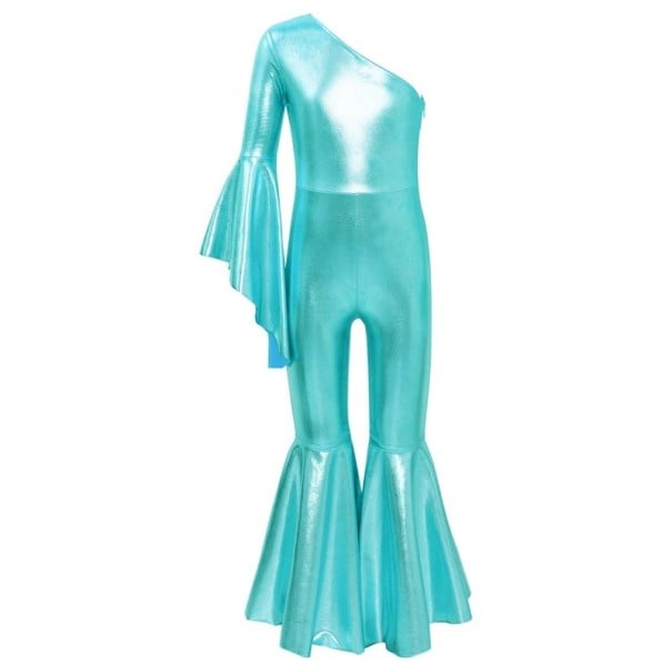 Dívčí taneční overal s asymetrickým ramenem, zvonové nohavice a rukáv, metalický materiál polyester s elastanem, na disco a jevištní vystoupení zelená 6