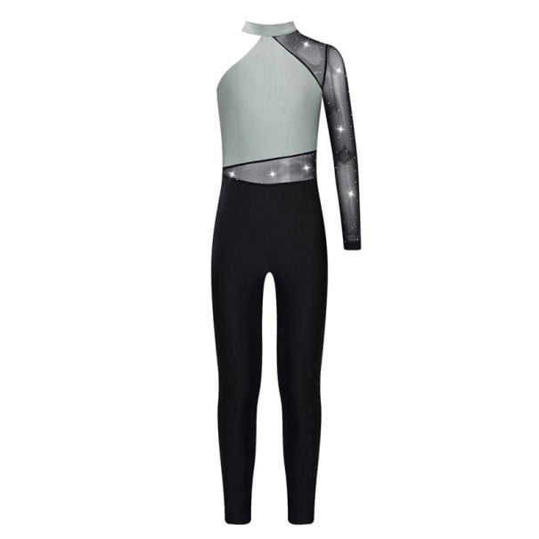 Dívčí taneční overal s dlouhým rukávem a síťovinou s kamínky, asymetrický stojáček, materiál polyester, na gymnastiku a tanec šedá 8