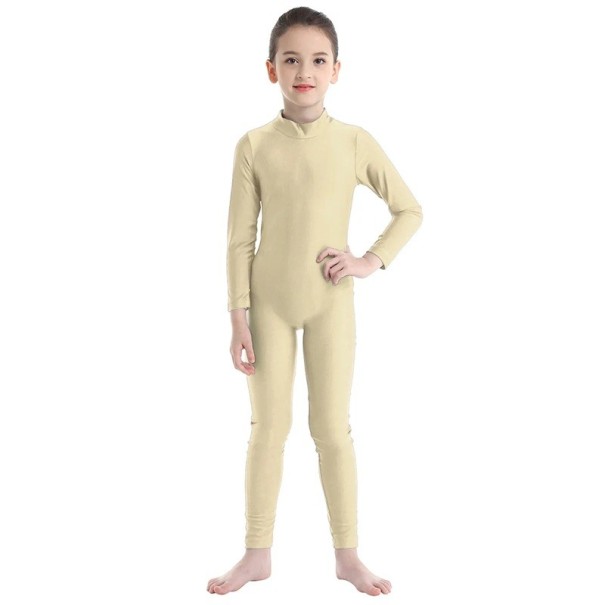 Dívčí taneční overal s dlouhým rukávem a stojáčkem, jednodílný trikot, polyester a elastan, na balet, gymnastiku a tanec béžova 4